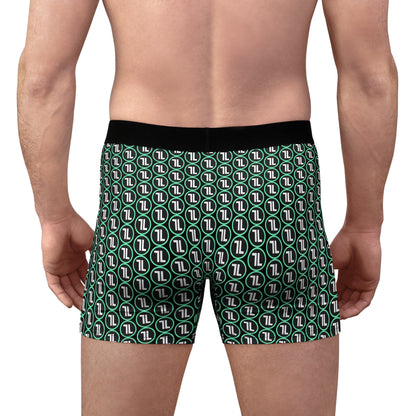 Men's Green Geometric Logo Boxer Briefs — All-Over Print Comfort